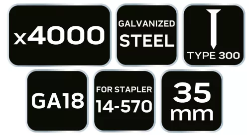 Neo Tools Tűzőszeg, horganyzott 300 (F) tipus, pneumatikus tűzőgéphez (14-570), GA18, 35mm, 4000db