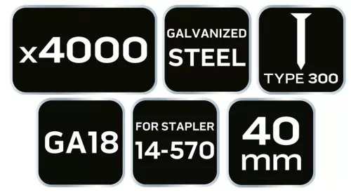 Neo Tools Tűzőszeg, horganyzott 300 (F) tipus, pneumatikus tűzőgéphez (14-570), GA18, 40mm, 4000db