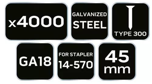 Neo Tools Tűzőszeg, horganyzott 300 (F) tipus, pneumatikus tűzőgéphez (14-570), GA18, 45mm, 4000db