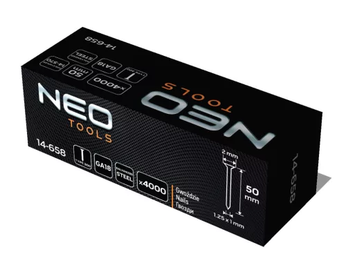 Neo Tools Tűzőszeg, horganyzott 300 (F) tipus, pneumatikus tűzőgéphez (14-570), GA18, 50mm, 4000db