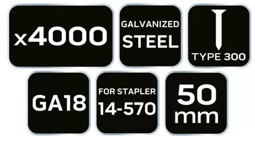 Neo Tools Tűzőszeg, horganyzott 300 (F) tipus, pneumatikus tűzőgéphez (14-570), GA18, 50mm, 4000db
