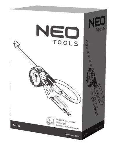 Neo Tools Pneumatikus kerékfúvó pisztoly, nyomásmérővel 80mm, dupla teherautó kerekekhez