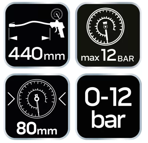 Neo Tools Pneumatikus kerékfúvó pisztoly, profi, nyomásmérővel 80mm