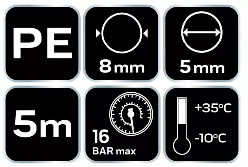 Neo Tools Pneumatikus spiráltömlő, 5,0x8mm x 5m, PE