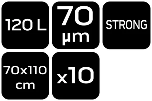 Neo Tools Szemeteszsák, 120L, 70x110cm, 70mic, fekete, 10db
