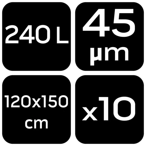 Neo Tools Szemeteszsák, 240l, 120x150cm, 45mic, fekete, 10db