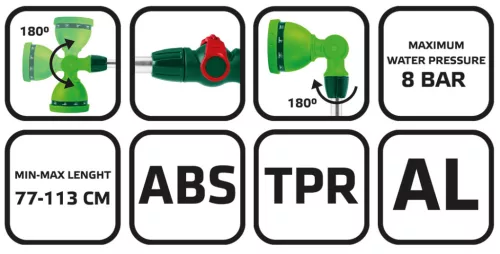 Verto Öntözőpisztoly,10 funkciós,76-110cm-ig állítható teleszkópos fémszárral