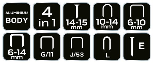 Neo Tools Tűzőgép, 4az1-ben, J, G, L, E kapcsokhoz, 6-14mm, alumínium