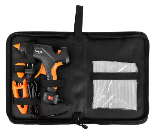Neo Tools Ragasztópisztoly 11mm, 60/100W, 12 ragasztópatron, 3 ujjvédő, textil tok