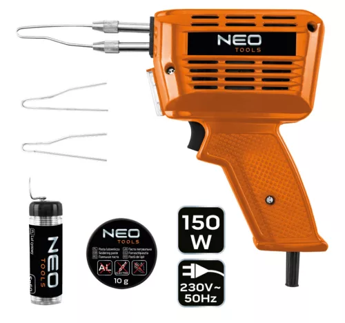 Neo Tools Forrasztópisztoly 150W, kiegészítőkkel, 3db pákacsúcs, forrasztókrém, forrasztóón, kofferben