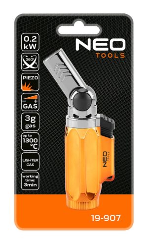 Neo Tools Gázforrasztó, gázégő, állítható fej, 360 fokos, piezo, gázszabályzó szelep,3g gáztöltet, öngyújtógázzal tölthető