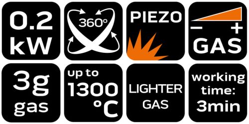 Neo Tools Gázforrasztó, gázégő, állítható fej, 360 fokos, piezo, gázszabályzó szelep,3g gáztöltet, öngyújtógázzal tölthető