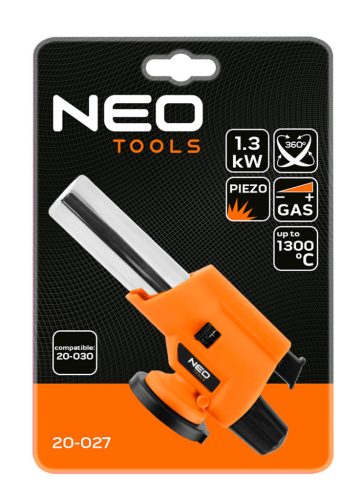 Neo Tools Gázforrasztó, gázégő fej, csavaros, 227g-os eldobható palackokhoz, piezo, gázszabályzó szelep, 360 fok