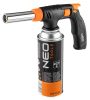 Neo Tools Gázforrasztó, gázégő fej, réz, csavaros, 227g-os palackhoz, pisztolymarkolat, piezo, gázszabályzó szelep, 360 fok