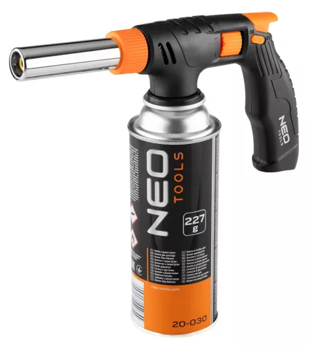 Neo Tools Gázforrasztó, gázégő fej, réz,  277 g-os patronokhoz (EN 417 típus), pisztolymarkolat, piezo, gázszabályzó szelep, 360 fok