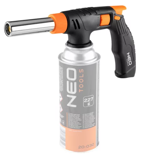 Neo Tools Gázforrasztó, gázégő fej, réz,  277 g-os patronokhoz (EN 417 típus), pisztolymarkolat, piezo, gázszabályzó szelep, 360 fok