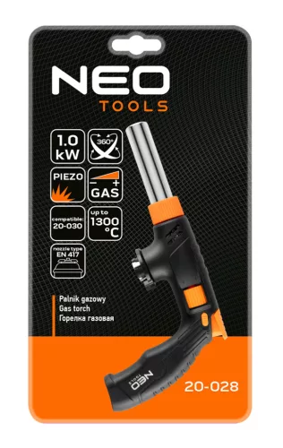 Neo Tools Gázforrasztó, gázégő fej, réz,  277 g-os patronokhoz (EN 417 típus), pisztolymarkolat, piezo, gázszabályzó szelep, 360 fok
