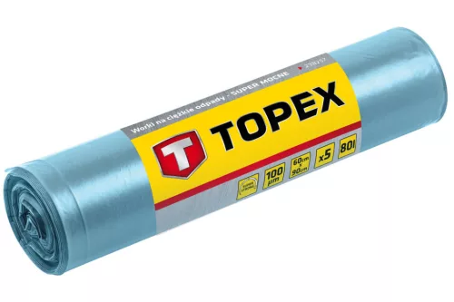 Topex Szemeteszsák 80L, Nagy teherbírású, kék, méretek:60x90cm, vastagság: 100 mic, LDPE fólia, 5db