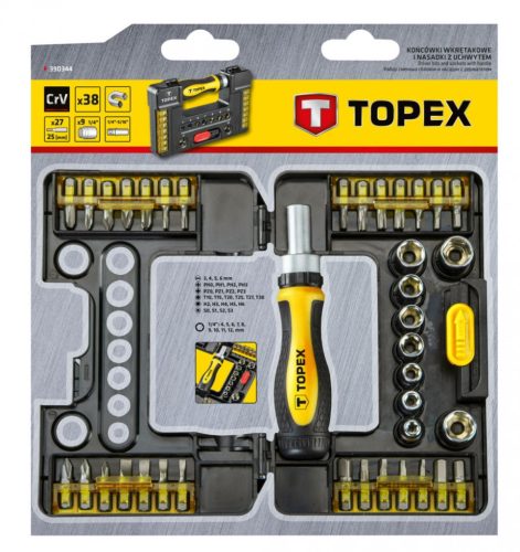Topex bit és dugókulcs készletracsnis hajtós 38r.