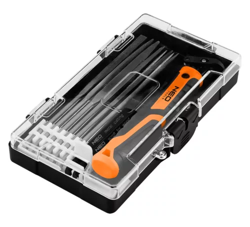 Neo Tools Tűreszelő és fűrész készlet 14db-os, gyorscsatlakozós nyéllel, műanyag tokban
