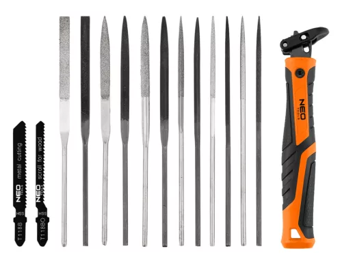 Neo Tools Tűreszelő és fűrész készlet 14db-os, gyorscsatlakozós nyéllel, műanyag tokban