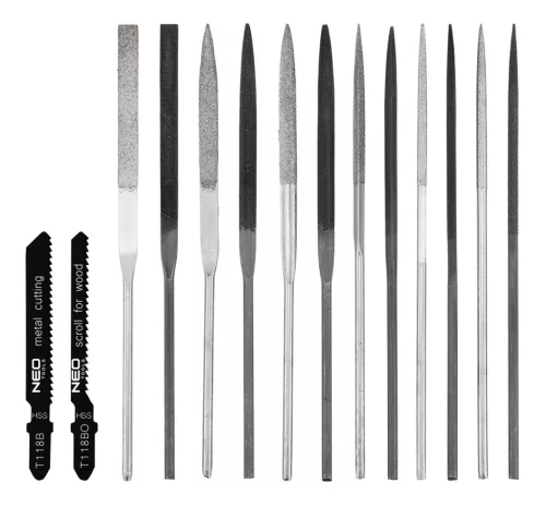 Neo Tools Tűreszelő és fűrész készlet 14db-os, gyorscsatlakozós nyéllel, műanyag tokban