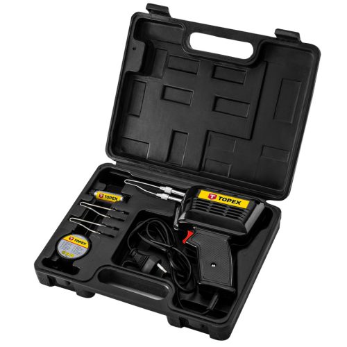 Topex Forrasztópisztoly 150W, kiegészítőkkel, 3db pákacsúcs, forrasztókrém, forrasztóón, kofferben