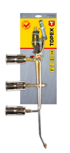 Topex Gázforrasztó, perzselő, gázégő készlet, HÁRMAS égőfej, szár: 50cm, tömlő: 5m