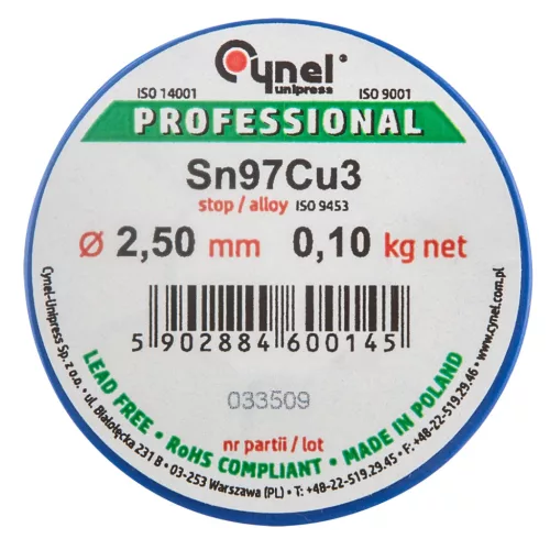 Cynel Forrasztóón, 97% SN, 3% CU 2.5mm drót, 100g, rézforrasztáshoz