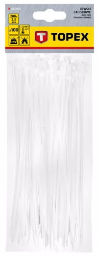 Topex Kábelkötegelő, gyorskötöző, 2,5mm x 200mm, fehér, 100db