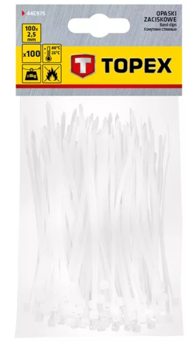 Topex Kábelkötegelő, gyorskötöző, 2,5mm x 100mm, fehér, 100db