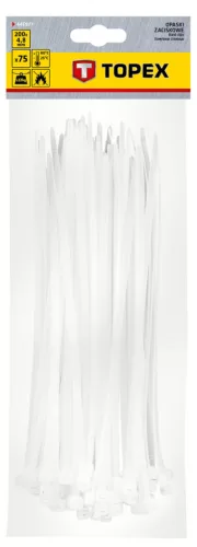 Topex Kábelkötegelő, gyorskötöző, 4,8mm x 200mm, fehér, 75db