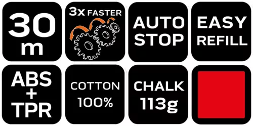 Neo Tools Kicsapózsinór + festék, műanyag házas, 30m, 1:3-as gyorsítóáttétel a zsinór visszatekeréshez, piros porfesték