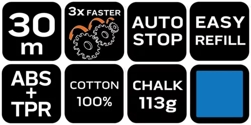 Neo Tools Kicsapózsinór + festék, műanyag házas, 30m, 1:3-as gyorsítóáttétel a zsinór visszatekeréshez, kék porfesték