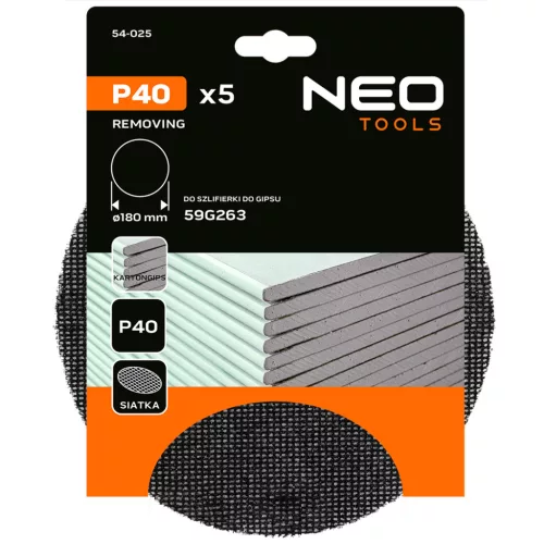 Neo Tools Csiszolókorong tépőzáras rácsos 180mm, K40, 59G263-hoz, 5db