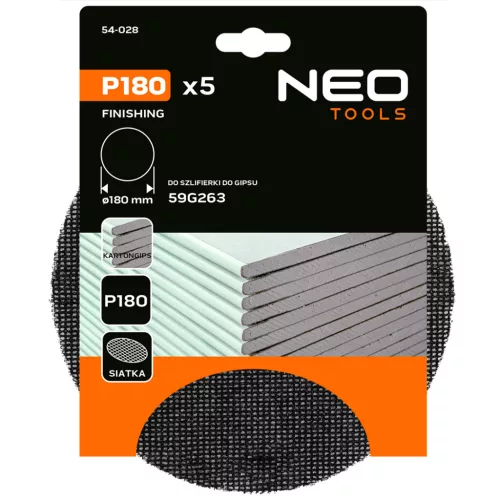 Neo Tools Csiszolókorong tépőzáras rácsos 180mm, K180, 59G263-hoz, 5db