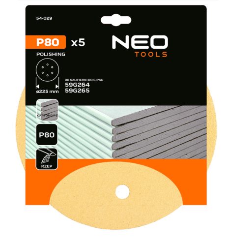 Neo Tools Csiszolókorong tépőzáras 225mm, K80, 6 lyukas, 59G264, 59G265 csiszológéphez, 5db