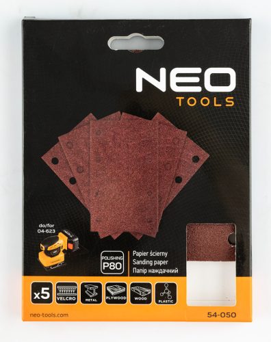 Neo Tools Csiszolópapír, tépőzáras, 80x130mm, P80, 8 lyukas, 04-623-hoz, 5db