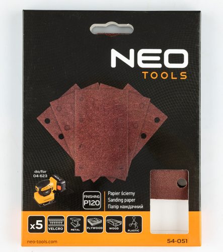 Neo Tools Csiszolópapír tépőzáras 80x130mm, P120, 8 lyukas, 04-623-hoz, 5db