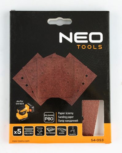 Neo Tools Csiszolópapír, tépőzáras, 113x113mm, P80, 8 lyukas, 04-623-hoz, 5db
