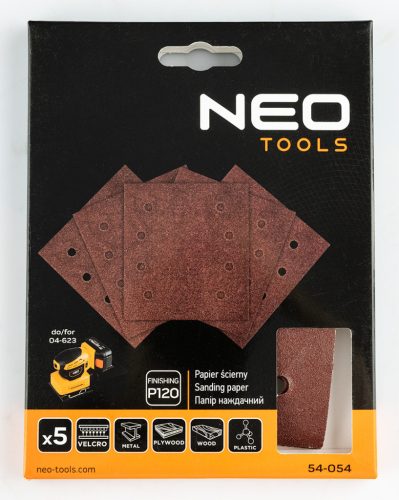 Neo Tools Csiszolópapír tépőzáras 113x113mm, P120, 8 lyukas, 04-623-hoz, 5db