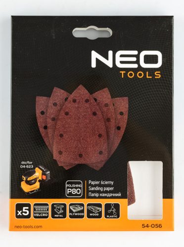 Neo Tools Csiszolópapír, tépőzáras, deltacsiszolóhoz,100x147mm, P80, 9 lyukas, 5db/cs (04-623-hoz)