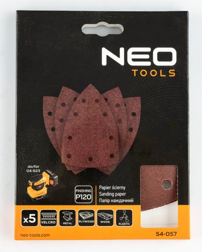 Neo Tools Csiszolópapír, tépőzáras, deltacsiszolóhoz,100x147mm, P120, 9 lyukas, 5db/cs (04-623-hoz)