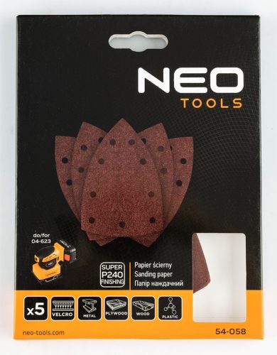 Neo Tools Csiszolópapír, tépőzáras, deltacsiszolóhoz,100x147mm, P240, 9 lyukas, 5db/cs (04-623-hoz)