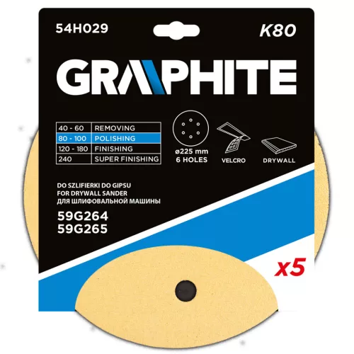 Graphite Csiszolópapír tépőzáras 225mm, K80, 6 lyukakkal az 59G264, 59G265 csiszológéphez, 5db