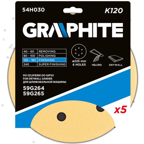 Graphite Csiszolópapír tépőzáras 225mm, K120, 6 lyukakkal, 59G264, 59G265 csiszológéphez, 5db