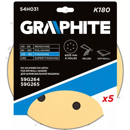 Graphite Csiszolópapír tépőzáras 225mm, K180, 6 lyukakkal, 59G264, 59G265 csiszológéphez, 5db