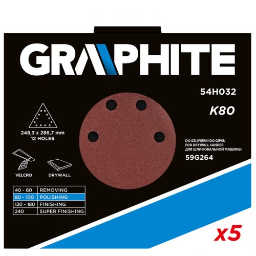 Graphite Csiszolópapír tépőzáras K80, háromszög alakú 12 lyukakkal, 59G264 csiszológéphez, 5db