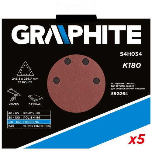 Graphite Csiszolópapír tépőzáras K180, háromszög alakú 12 lyukakkal, 59G264 csiszológéphez, 5db
