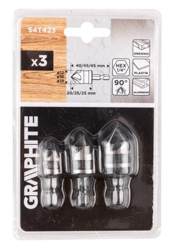 Graphite Süllyesztőfúró készlet, csavarfejekhez, 1/4" hatszög szár, 12, 16, 19mm, 3db